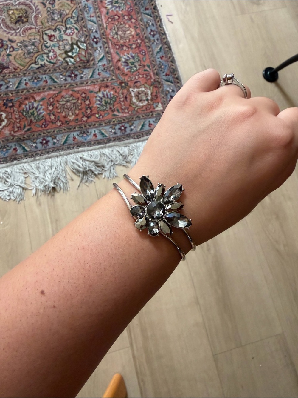 Silver-Tone Gray Crystal Flower Cuff Bracelet